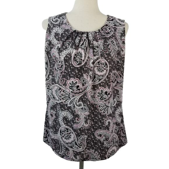 Roz & Ali Black Wine Pink Paisley Sleeveless Pleated Neck Blouse Nice Size Med - Picture 1 of 4